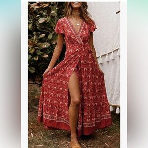Bohemian Floral Wrap V Neck Maxi Dress